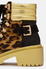 Cape Robbin Summit Leopard Gold Combat Bootie Lug Sole Lace Up Platform Ankle Boot