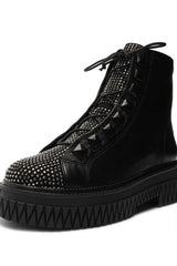 Schutz Melany Black Lace Up Platform Wedge Flatform Combat Rhinestones Booties