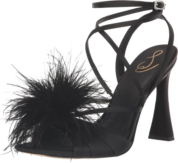 Sam Edelman Layton Black Suede Ankle Strap Spool Heeled Feather Detailed Sandals