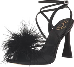 Sam Edelman Layton Black Suede Ankle Strap Spool Heeled Feather Detailed Sandals