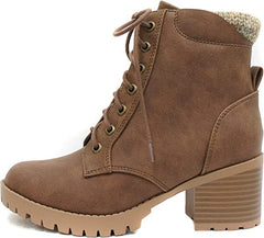 Soda Single Light Brown Lug Sole Chunky Heel Lace Up Platform Combat Wide Boots