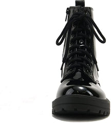 Soda Firm Black Patent Lace Up Round Toe Chunky Combat Ankle Wide Boots