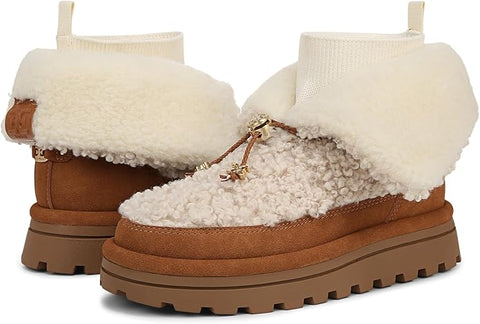Sam Edelman Olin Natural/Harvest Brown Round Toe Fur Platform Pull On Ankle Boot