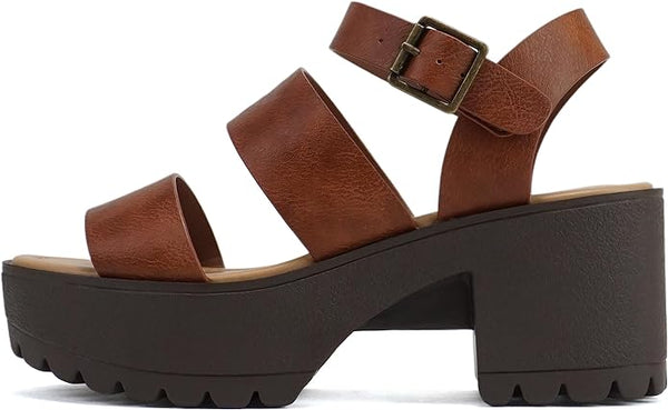 Soda Account Cognac Pu Ankle Strap Rounded Open Toe Strappy Block Heeled Sandals