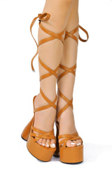 Cape Robbin JULEE Tan Super High Heel Platform Strappy Cone Heeled Sandals Pumps