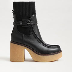 Sam Edelman Sidney Black Leather Pull On Rounded Toe Ribbed Knit Fabric Boots