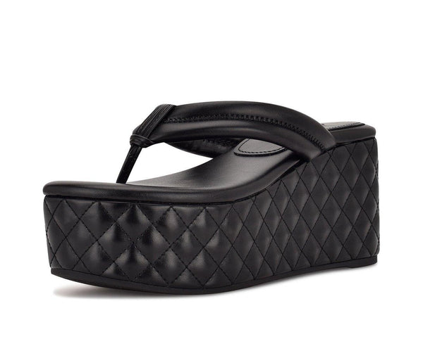 Nine West Newya Black Slip On Rounded Open Toe Platform Wedge Heeled Sandals