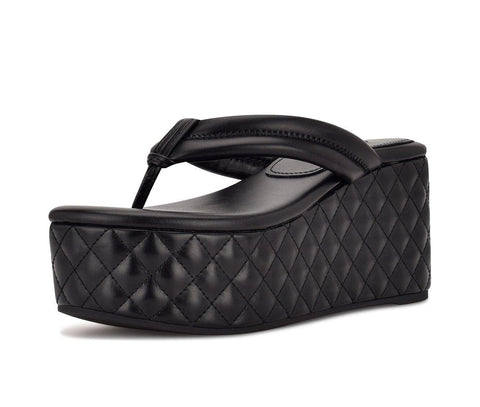 Nine West Newya Black Slip On Rounded Open Toe Platform Wedge Heeled Sandals