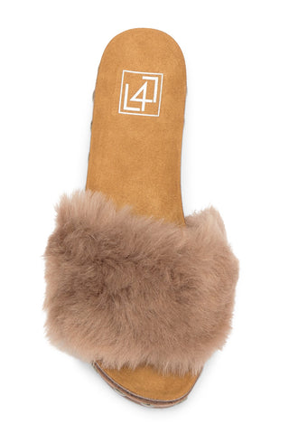 LFL by Lust For Life Women's LL-Prism Slide Sandal Tan Furry Mule Wedge Platform