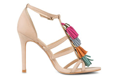 Klub Nico MYRA Multi Tassel Nude Suede Single Sole Stiletto Heel Open Toe Sandal