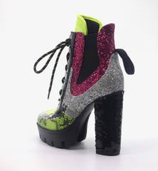 Cape Robbin Nell Glitter Lace Up Chunky Platform Block High Heel Ankle Booties