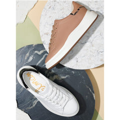 Sam Edelman Moxie Fashion Leather Lace-Up Platform Wedge Sneakers Almond Nude