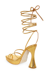Jeffery Campbell Prima Donna Platform Sandal Gold Metallic Tie Up High Block Heel
