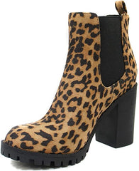 Soda Glove Chelsea Camel Leopard Chunky Lug Sole Elastic Gore Ankle Boots