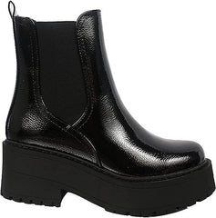Soda Yossi Black Patent Pull On Rounded Toe Chunky Platform Ankle Fashion Boots
