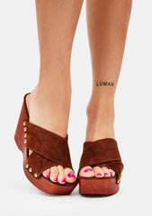Steve Madden Emiko Metallic Detail Stacked Wood Platform Wedge Slide Sandals Brown Suede