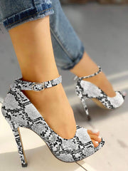 Ermonn Snakeskin Black White Platform Dress Ankle Strap Open Toe Pump Shoes