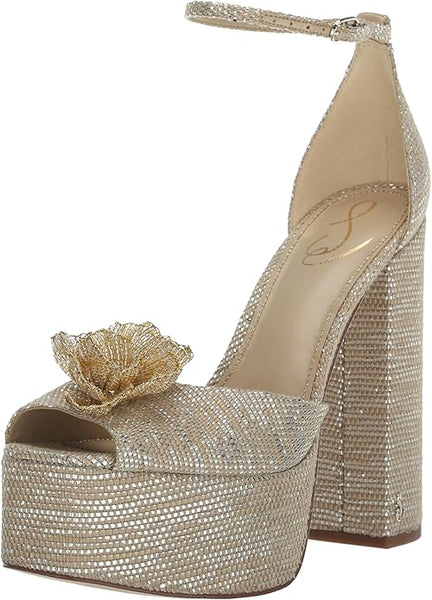 Sam Edelman Kori Flora Platinum Ankle Strap Peep Toe Dress Block Heeled Sandals
