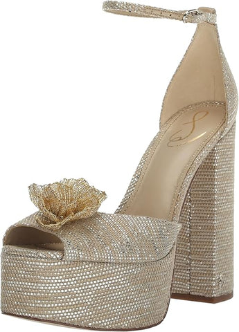 Sam Edelman Kori Flora Platinum Ankle Strap Peep Toe Dress Block Heeled Sandals