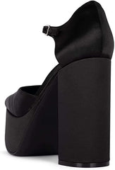 Jeffrey Campbell Ovr-N-Out Black Satin Square-Toe Ankle Strap Platform Pump