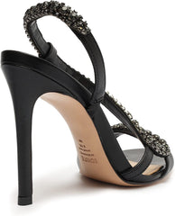 Schutz Court Black Metallic Crystal Studs Pull On Open Toe Stiletto Heel Sandals