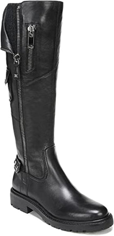 Sam Edelman Lacy Black Leather Chunky Heel Round Toe Zip Knee High Combat Boots