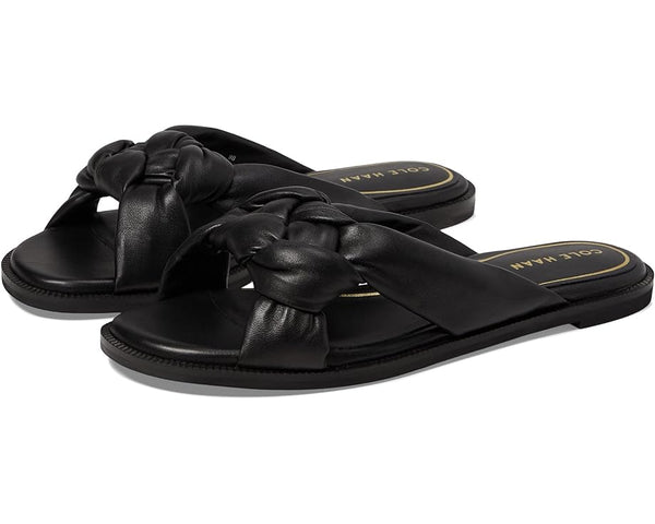 Cole Haan Anica Black Leather Open Toe Slip On Knotted Strap Flat Slides Sandals