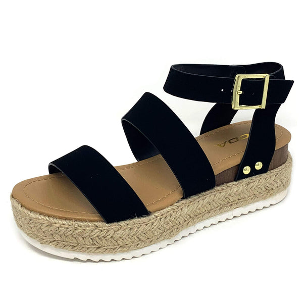 Soda Top Shoe Bryce Black Open Toe Strap Espadrilles Flatform Wedge