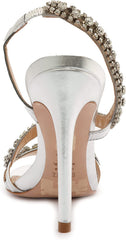 Schutz Court Prata Metallic Crystal Studs Pull On Open Toe Stiletto Heel Sandals