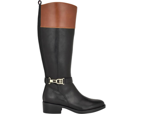 Tommy Hilfiger Ionni Black1 Tan Almond Toe Buckle Detailed Knee High Riding Boot
