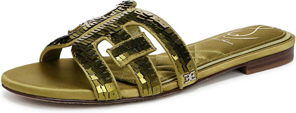 Sam Edelman Bay Greentini Sequin Round Open Toe Slip On Leather Strap Sandals