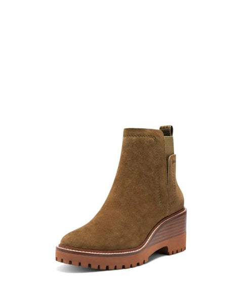 Vince Camuto Dendra Utility Green Suede Wedge Gore Bootie Ankle Heeled Boot