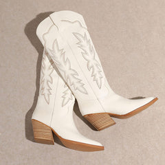 Erocalli Cowboy White Knee High Block Heel Pointed Toes Side Zipper Western Boots 7