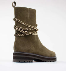 Cecelia New York Misunderstood Olive Fashion Pull On Rouded Toe Gold Chain Boots