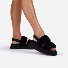 Luxemoda Tata Fluffy Stripe Platform Slip On Open Toe Faux Fur Slippers