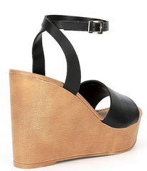 Steve Madden Welsh Black Leather Ankle Strap Open Toe Platform Wedge Sandals