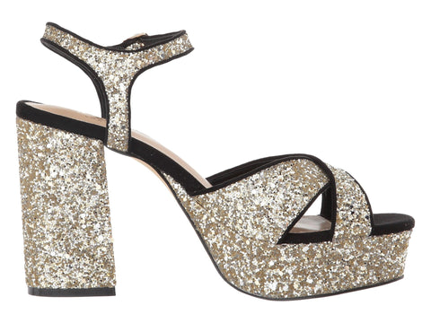 SHELLYS LONDON Annie Gold Glitter Embellished Chunky Heel Platform Sandal Pumps