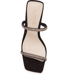 Schutz Salwa Black Suede Rhinestone Open Toe Thin Strap Mid Heel Mule Sandals