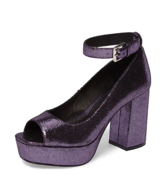 Shellys London Florida Purple Peep Toe Ankle Strap Platform Retro 70's Pump