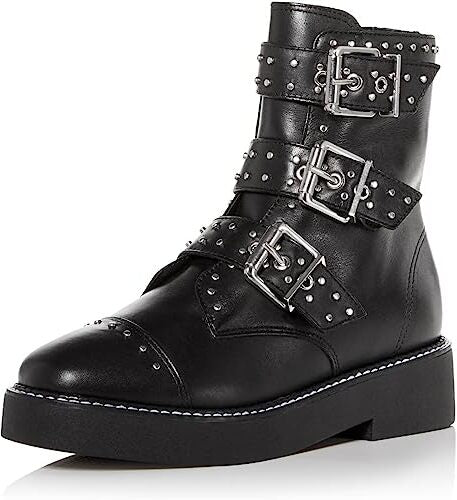 Schutz Caligas Black Studded Buckled Straps Side Zipper Round Toe Combat Boots
