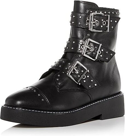 Schutz Caligas Black Studded Buckled Straps Side Zipper Round Toe Combat Boots
