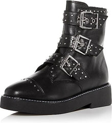 Schutz Caligas Black Studded Buckled Straps Side Zipper Round Toe Combat Boots