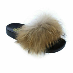 Liliana Nomi-17 Tan Luxury Real Raccon Fur Slippers Slides Flat Soles Mule (9)