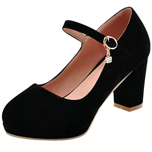 KISSASA Womens Faux Suede Platform Mary Jane Heels Round Toe Block Heeled Ankle Strap Pumps
