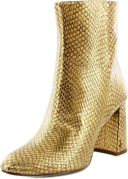 Sam Edelman Daria Medallion Gold Snake Pointed Toe Block Heeled Ankle Boots