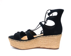 Schutz Hudson Black Open Toe Tie Up Espadrille Heeled Platform Wedge Sandals