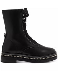 Vince Camuto Branda Black Leather Lace Up Combat Moto Chain Rim Ankle Bootie