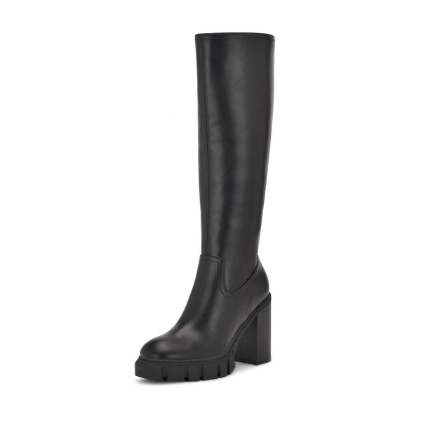 Nine West Kani3 Black3 Chunky Stacked Block Heeled Knee High Fashion Boots