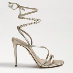 Sam Edelman Scarlette Gold Ankle Tie Up Stiletto Leather Heeled Sandals
