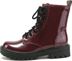 Soda Firm Burgundy Patent Lace Up Round Toe Chunky Combat Ankle Wide Boots